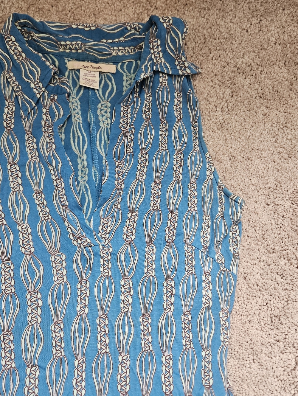 Free People blue rope knot print dress Medium Boho Hippie Rayon Chic Stretchy